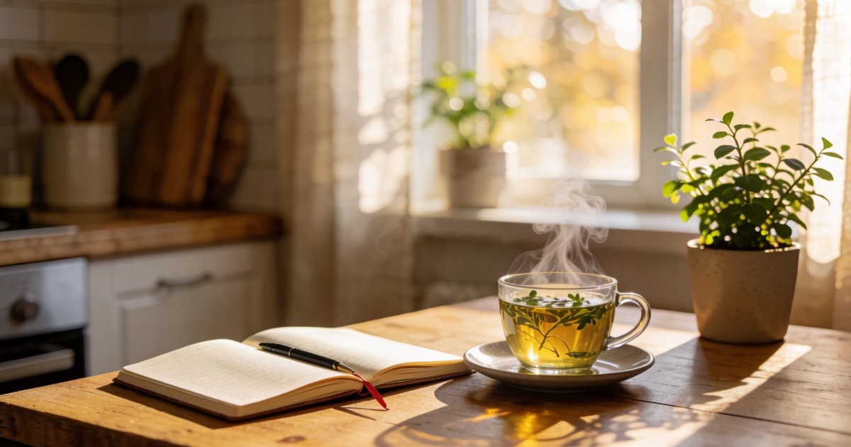 A calm kitchen table in warm afternoon sunlight with a steaming cup of herbal tea, an open notebook, and a small green plant