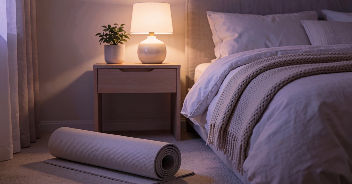 A calm bedroom at night with a soft lamp glow, a folded yoga mat on the floor, and a cozy knit blanket on the bed
