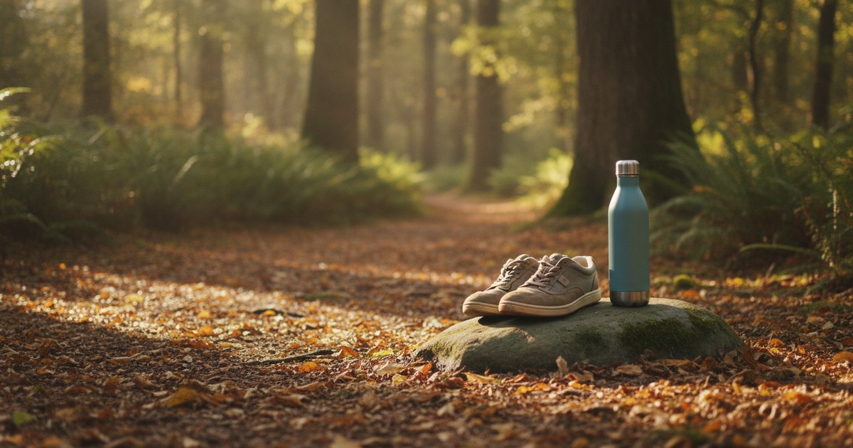 A pair of walking shoes and a reusable water bottle resting on a mossy rock along a quiet forest path