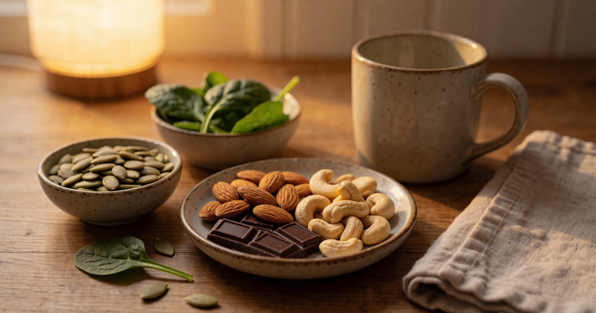 A calm evening table setting with pumpkin seeds, almonds, dark chocolate, and spinach in small bowls beside a warm lamp