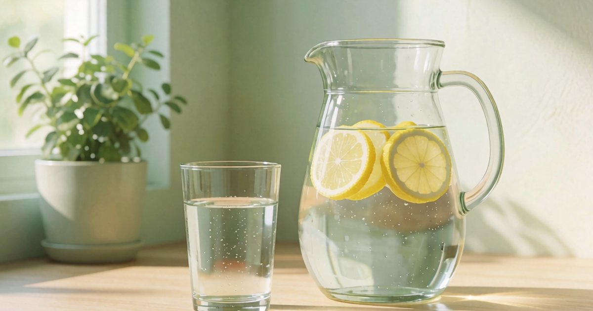 A calm kitchen counter with a glass pitcher of water, a filled glass, lemon slices, and a small potted plant in soft daylight