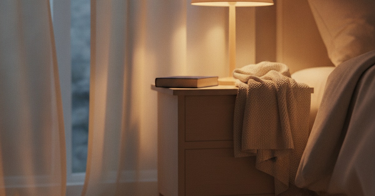 A calm, dim nightstand scene with a soft lamp glow and sheer curtains at night