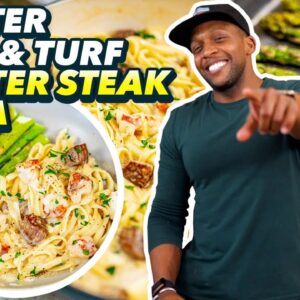 Surf and Turf Dinner - Lighter Lobster Steak Pasta Fennel Alfredo