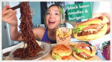 Vegan CHEAT DAY MUKBANG! Truffle Jjajangmyun (Black Bean Noodles) & Burgers / Munching Mondays Ep.89