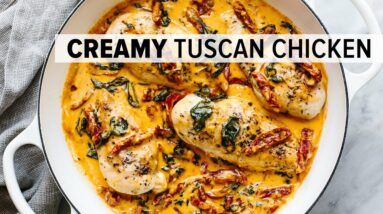 This CREAMY TUSCAN CHICKEN is a wow-worthy dinner recipe with Mediterranean flair!