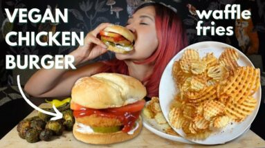 Vegan CRISPY "CHICKEN" BURGER & WAFFLE FRIES MUKBANG | Munching Mondays Ep.116