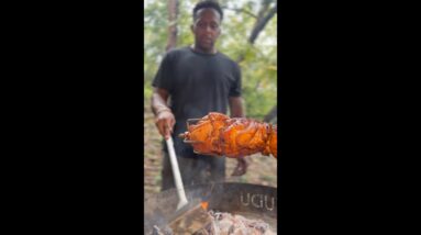 Rainy Open Fire Grilling - Sweet Spicy Roasted Chicken