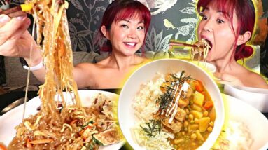 EATING FOOD FROM MY VEGAN CAFE (Japchae & Tofu Katsu Curry) Vegan Mukbang / Munching Mondays Ep.119