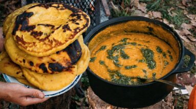 Fluffy Naan Bread & Dhal On Open Fire🔥ASMR Cooking Nature Sounds, No Talking