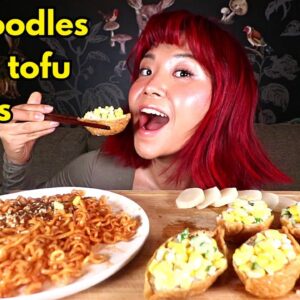 SPICY FIRE NOODLES & FRIED TOFU SUSHI (INARI) MUKBANG | Munching Mondays Ep.122