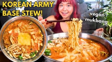 KOREAN ARMY BASE STEW (VEGAN BUDAEJJIGAE) MUKBANG | Munching Mondays Ep.125