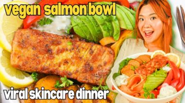 VIRAL SKINCARE DINNER (VEGAN) | Eating Our Skincare: Vegan Salmon Bowl
